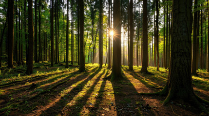 Obraz premium Serene forest with sunlight filtering through tall trees, creating peaceful atmosphere. vibrant green foliage and soft shadows enhance tranquil setting, inviting sense of calm and connection with
