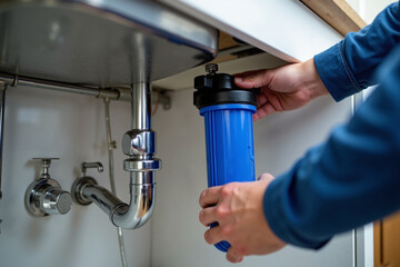 Installing water filter in domestic kitchen under sink, installing water filter cartridge. Installing water filter, plumber is showing replacement cartridge.