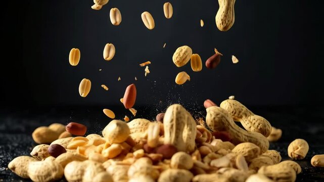 Peanuts in shells and shelled falling into a heap, dark background, food photography with flying nuts for advertising snack