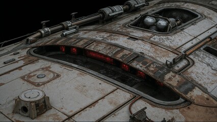 Weathered spaceship hull with industrial details and lights