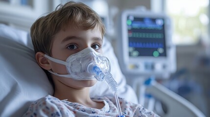 Young child receiving medical treatment with an oxygen mask in a hospital room environment