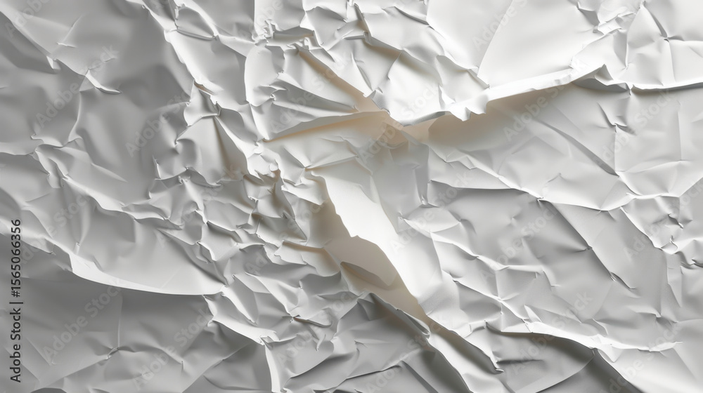 Poster crumpled white paper texture with intricate folds and creases, creating dynamic and abstract backgro
