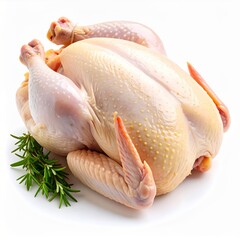 Whole Raw Chicken with Rosemary Sprig on White Background