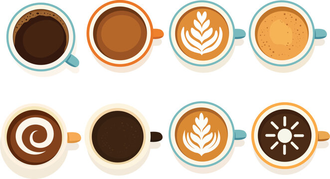 Coffee Cup Top View Icon Set – Espresso, Latte Art, Cappuccino, and Mocha in Flat Vector Style