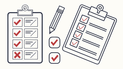 Vector illustration of checklists with completed tasks and a pencil, symbolizing organization and productivity.