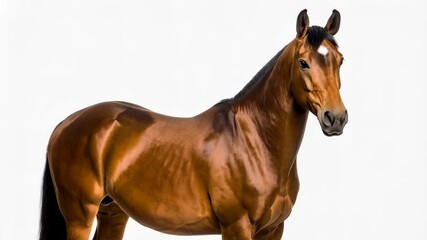 Elegant brown horse standing in studio, against white background with natural light and smooth coat, equine beauty and animal portrait - Powered by Adobe