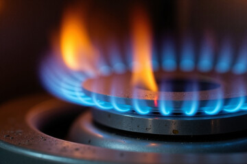 Burning gas flame provides intense heat for cooking, gas flame is bright orange, yellow and blue. Reliable gas flame creates a warm energy source for cooking and heating.