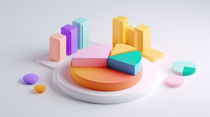 A clean, bright layout of 3D bar and pie chart parts, modern and abstract data concept isolated on a white background.