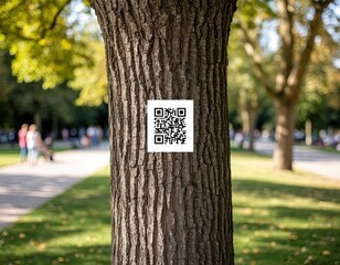 A living tree trunk displays a QR code, acting as an info hub in the park.