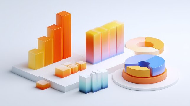 A clean, bright layout of 3D bar and pie chart parts, modern and abstract data concept isolated on a white background.