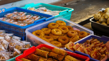 Colorful Baskets of Assorted Asian Street Food Treats