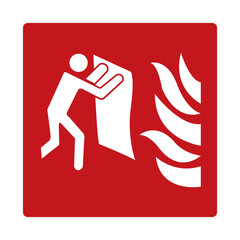 Fire blanket. Red fire sign. Fire equipment sign. Indication of the location of a fire blanket. Flame localization by blocking oxygen access. Extinguishing small fires.