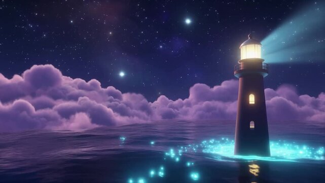 Firefly A whimsical 3D cartoon lighthouse at night. Its powerful beam sweeps across a calm