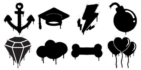 Graffiti Icon Set  Dripping Black Spray Paint Symbols on White Background. Includes anchor, graduation cap, lightning bolt, bomb, diamond, cloud, bone, and heart shaped balloons.