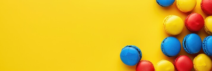 Ecuador independence day celebration with colorful macarons on yellow background. Horizontal banner. Copy space. Sweets in colors of flag of Ecuador on a yellow background