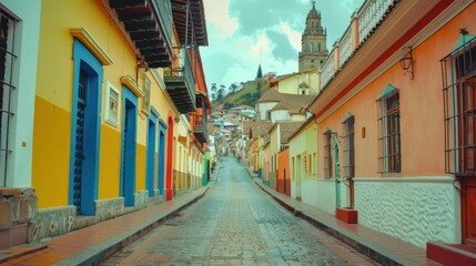 Obraz premium Vibrant street scene in Ecuador celebrating independence day with colorful architecture and historic charm