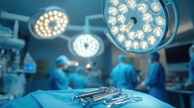 Surgeons perform a complex operation in a modern surgical theater with advanced lighting - Powered by Adobe