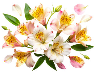Flat Lay Alstroemeria Flower Composition with Scattered Petals and Stems, isolated on transparent.