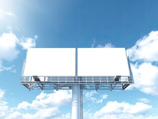 Empty White Billboard Against Blue Sky With Clouds, Ideal For Advertising