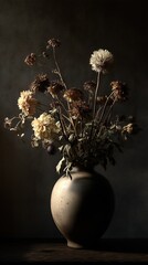 Dried flowers arranged in a ceramic vase against a dark backdrop, creating a moody still life.