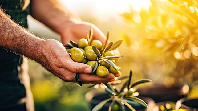 Golden Hour Olive Harvest: Farmer's Hands Gently Holding Ripe Olives on Branch