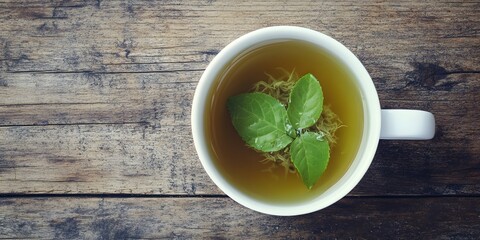 Herbal Tea Cup Wooden Background Green Leaf