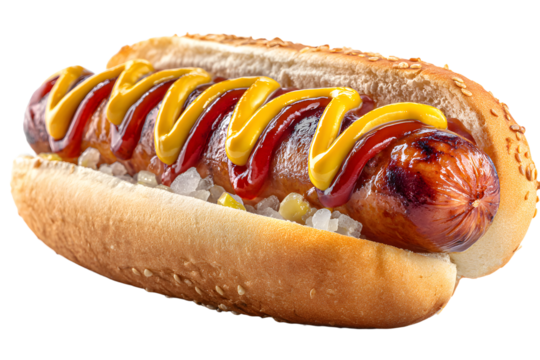 Hot dog with ketchup and mustard on white