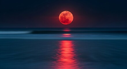 Blood moon lunar eclipse over ocean reflection night sky celestial event astronomy space horizon dark