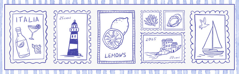 Summer coastal Italy stamp frames lemon. Vintage Amalfi vacation postcard with seaside, oyster, boat and lighthouse. Hand drawn vector crayon Mediterranean sea poster, travel illustration in blue