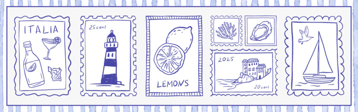 Summer coastal Italy stamp frames lemon. Vintage Amalfi vacation postcard with seaside, oyster, boat and lighthouse. Hand drawn vector crayon Mediterranean sea poster, travel illustration in blue