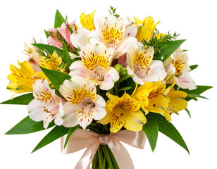 Romantic Alstroemeria Flower Bouquet with Soft Pink and Yellow Blooms, isolated on transparent.