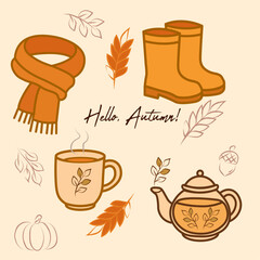 set of tea and sweets Cozy autumn illustration with boots, scarf, teapot, and warm drink. Hand-drawn fall elements with warm colors and 
