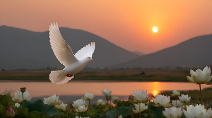 White dove flying over lotus flowers at sunset by the lake  