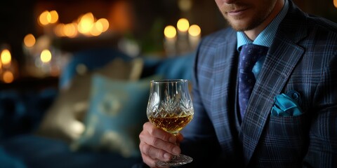 Elegant man in a suit holds a glass of whiskey in a dimly lit, upscale lounge setting during the evening hours