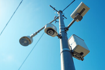 Surveillance camera system on pole under blue sky. Surveillance camera for public safety includes monitoring of environment and digital safety. Use surveillance camera for crime prevention solutions.