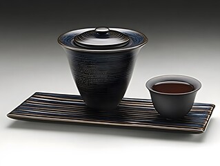 Elegant Dark Blue Tea Set with Lidded Pot and Cup on Wooden Tray