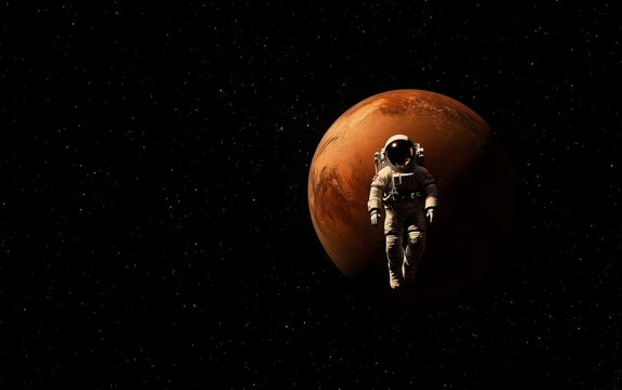 An astronaut floating in space, with Earth and the red planet visible behind them, showcasing their suit against the vastness of outer space