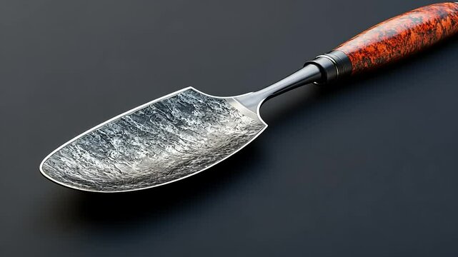 Close-up of a vintage gardening trowel with a wooden handle on a dark background