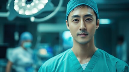 Surgeon in surgical attire prepares for an upcoming operation in a modern hospital environment