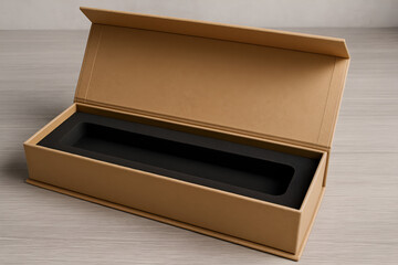 Display Product. A high-resolution image of an elegant brown kraft paper storage box with black foam insert, placed on a wooden surface, perfect for displaying products without showing them.