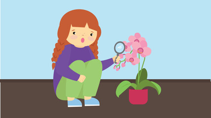 Little girl with magnifying glass and orchid. Vector illustration.