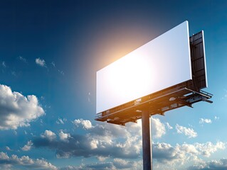 Empty White Billboard Against Clear Blue Sky With Clouds And Sunlight