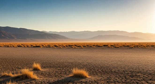 Arid landscape with distant mountains and sparse vegetation under clear sky