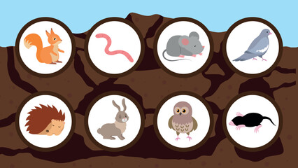 Animals in the hole. Game for children. Vector illustration.