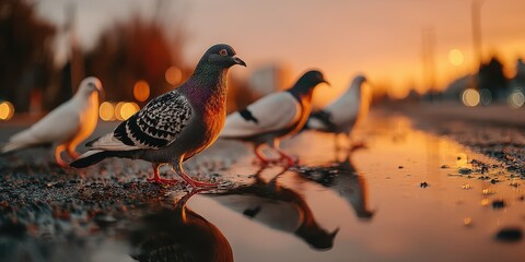Pigeons gathering near a puddle during sunset in an urban setting with warm light reflecting off the water