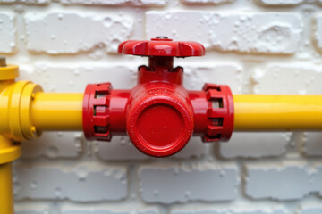 Red valve on yellow pipe against painted brick wall, ensuring effective flow control. Red valve stands out, connected to pipe against a brick background,