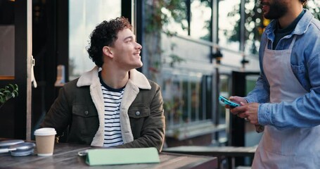 Happy man, customer and waiter with pos machine at cafe for phone payment, transaction or purchase. Male person, host and service with mobile smartphone for tap to pay, NFC or scan at coffee shop - Powered by Adobe