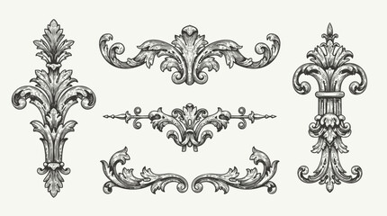Naklejka premium Hand drawn vector retro victorian ornaments set. engraving illustration of Floral decorative vector elements set, rococo and baroque style, vintage royal details