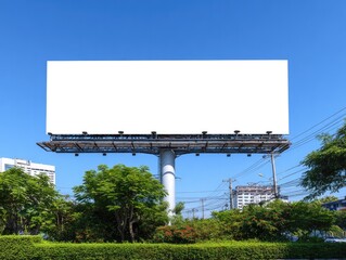 Empty White Blank Billboard Against Clear Blue Sky Surrounded By Greenery