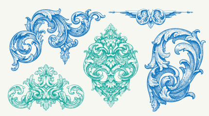 Hand drawn vector retro victorian ornaments set. engraving illustration of Floral decorative vector elements set, rococo and baroque style, vintage royal details